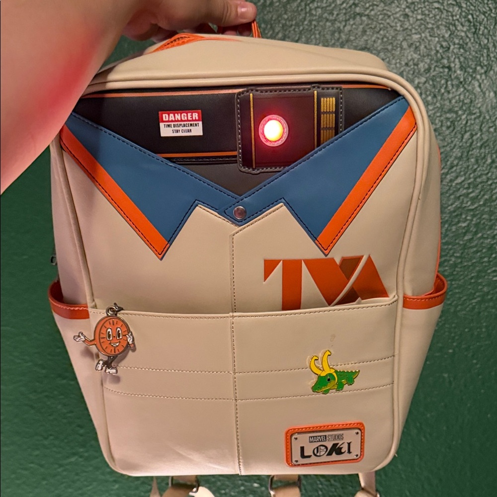 Loki Loungefly TVA Cream and Orange Backpack with Blue Accents